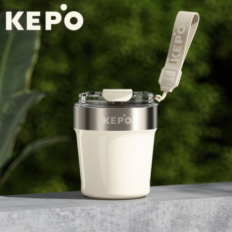 KEPO 240ml Insulated Coffee Cup | Spherical 316L Steel Liner | Leak-Proof Travel Mug with Woven Lanyard