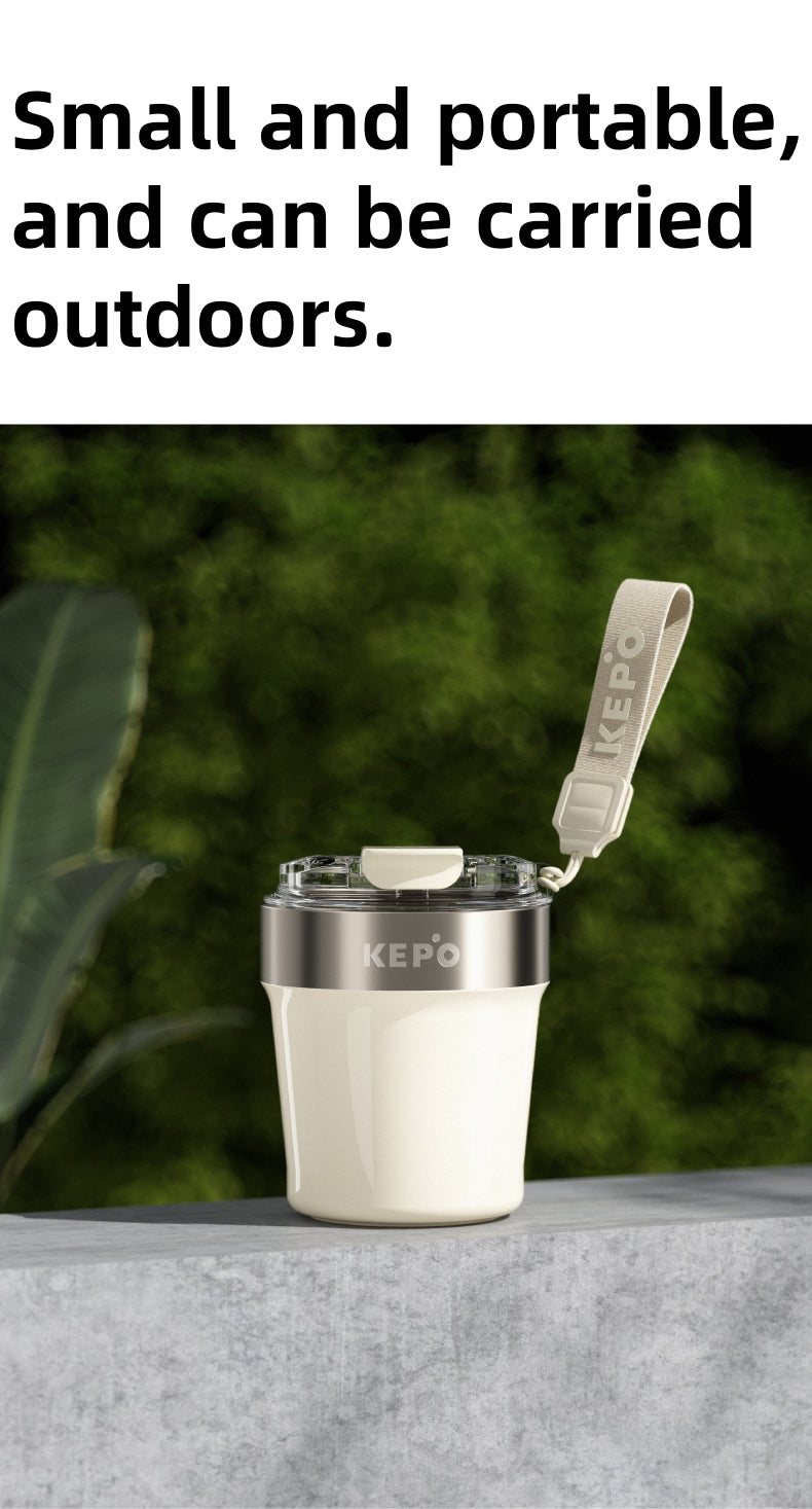 KEPO 240ml Insulated Coffee Cup | Spherical 316L Steel Liner | Leak-Proof Travel Mug with Woven Lanyard