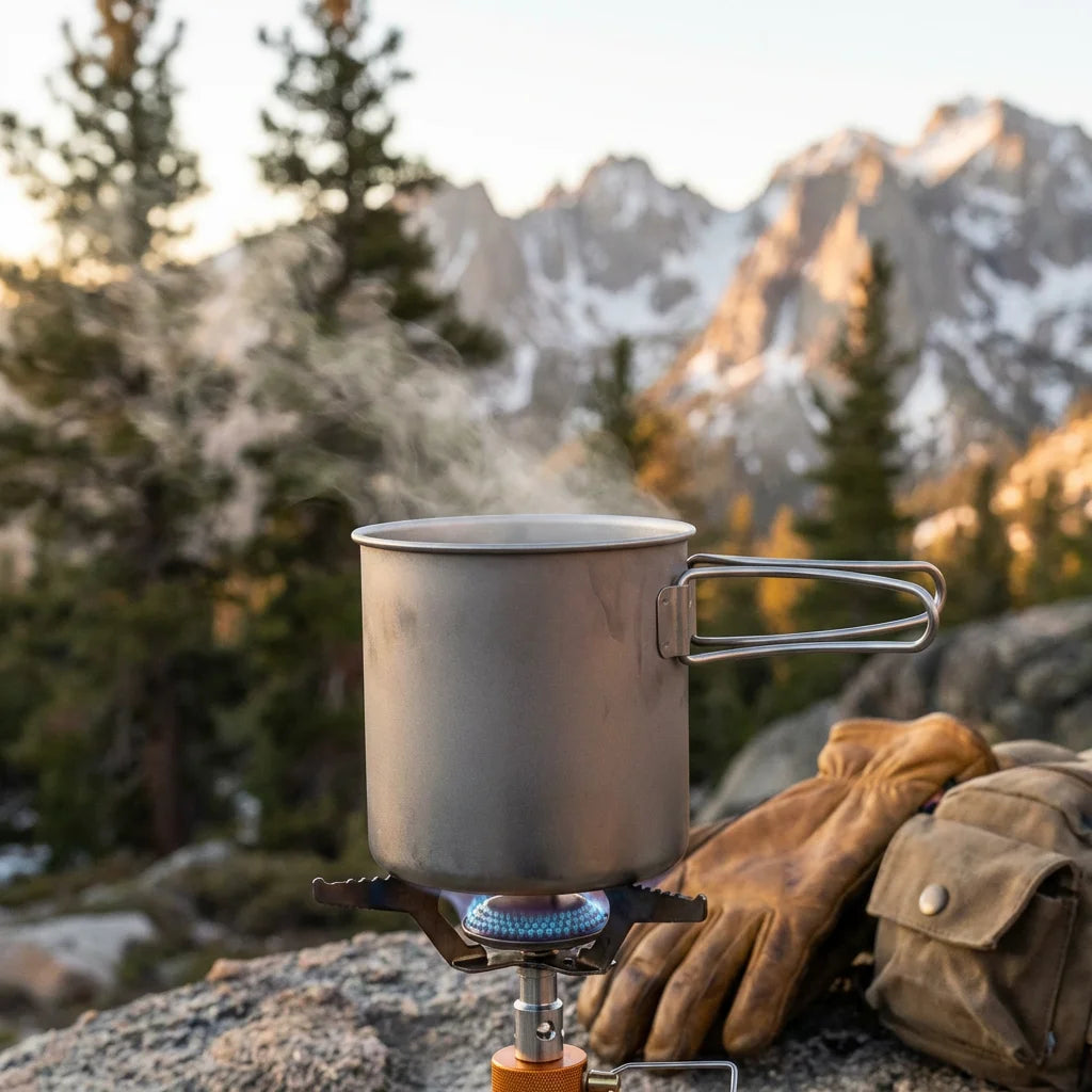 Camp stove outdoor cooking scene - titanium wide mouth mug