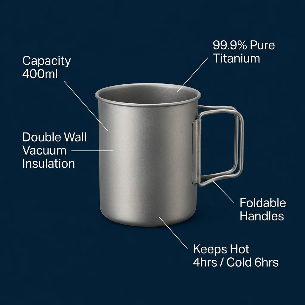 Double wall titanium mug feature annotation callout poster