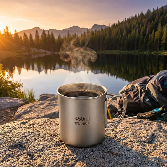 Titanium camping mug beside alpine lake at sunrise lifestyle scene