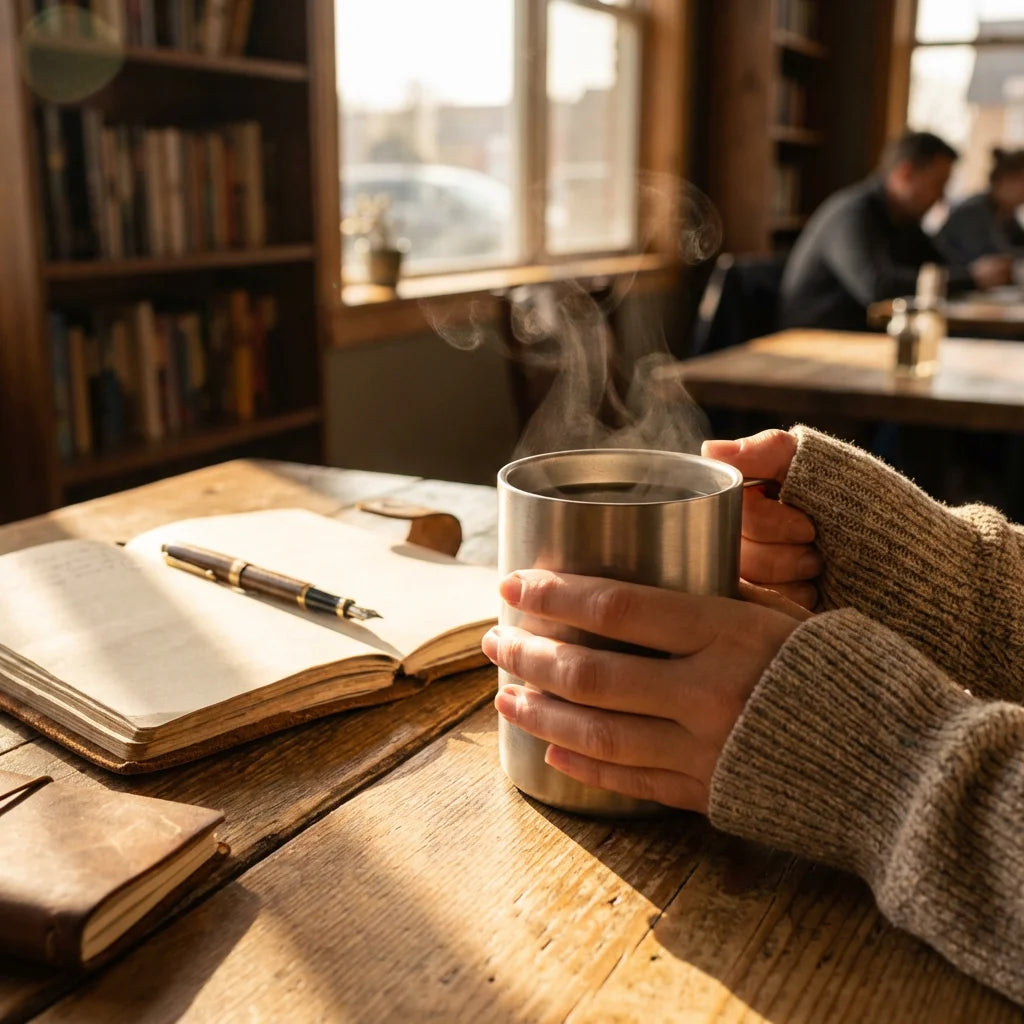 Double wall titanium mug on wooden desk morning coffee lifestyle