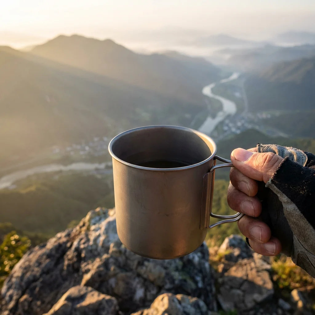 Mountain summit lifestyle - hiker holding titanium wide mouth mug