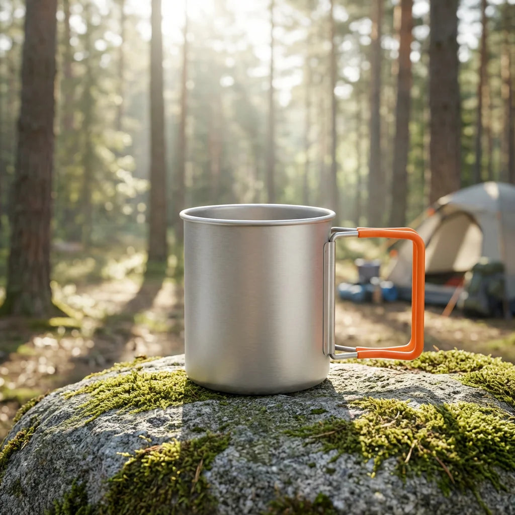 Titanium camping cup with heat-resistant plastic handle