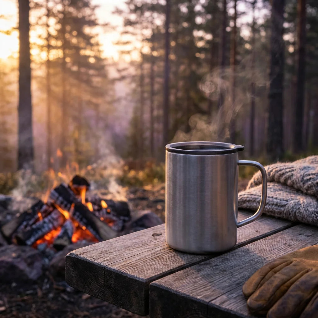 Campfire lifestyle scene - Titanium Double Wall Mug at dawn