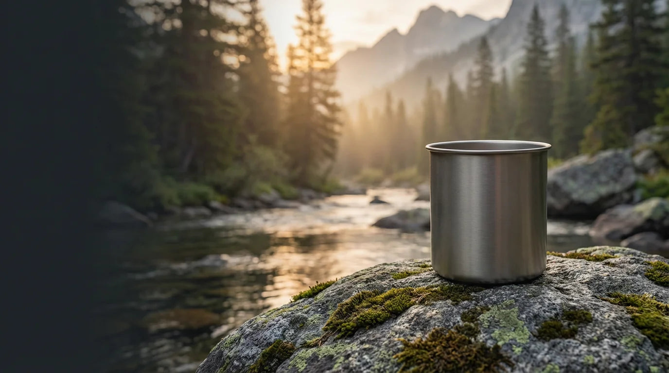 Mountain stream outdoor scene - Titanium camping mug