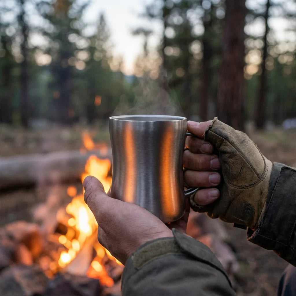 Titanium coffee mug held over campfire at dusk lifestyle scene