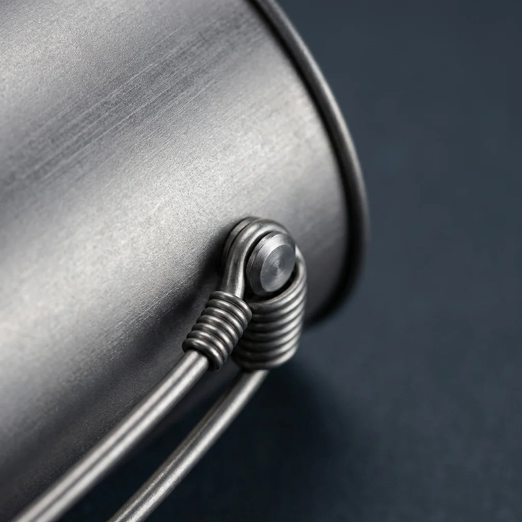 Close-up detail of titanium surface texture and wire handle hinge