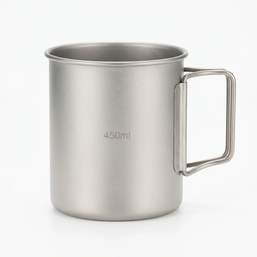 Pure titanium round camping mug white background hero shot
