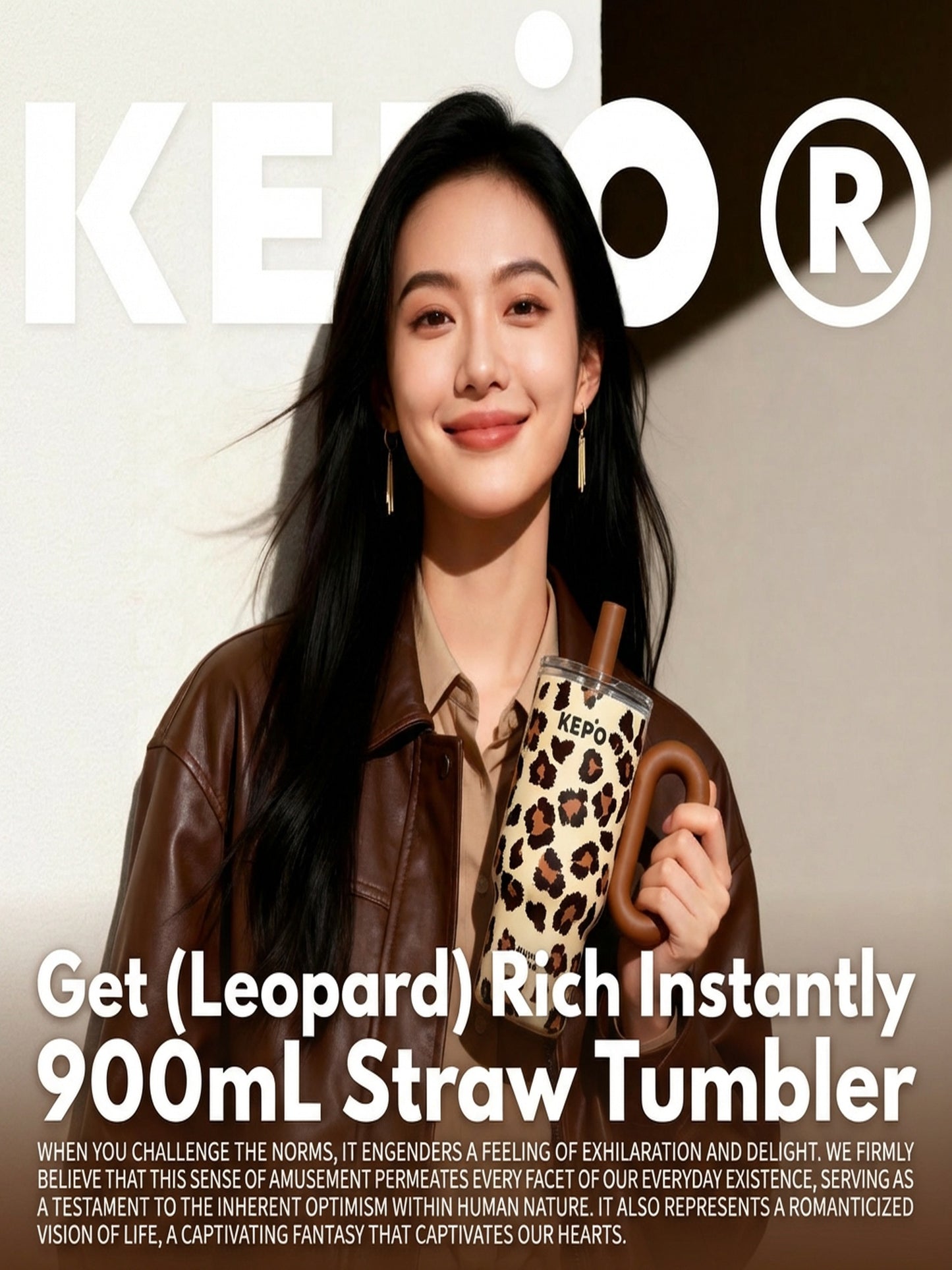 KEPO 900ml Insulated Tumbler with Handle & Straw | Floral Art Series | Leak-Proof Travel Cup